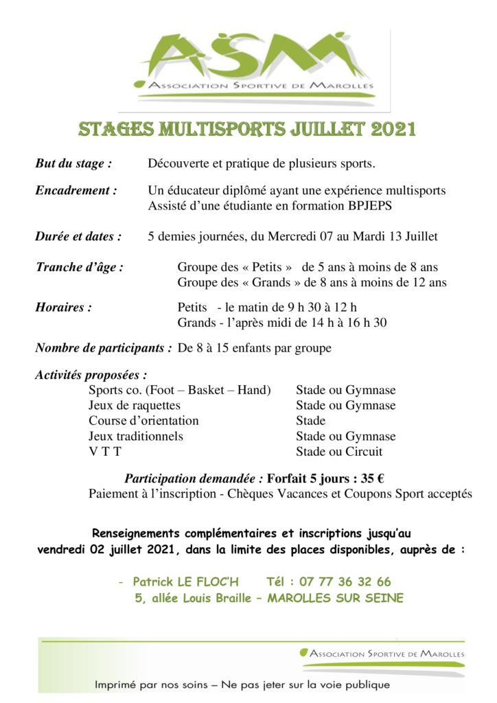 Affiche A4 Sans Bulletin Inscription Stage Juillet 2021 1 Marolles