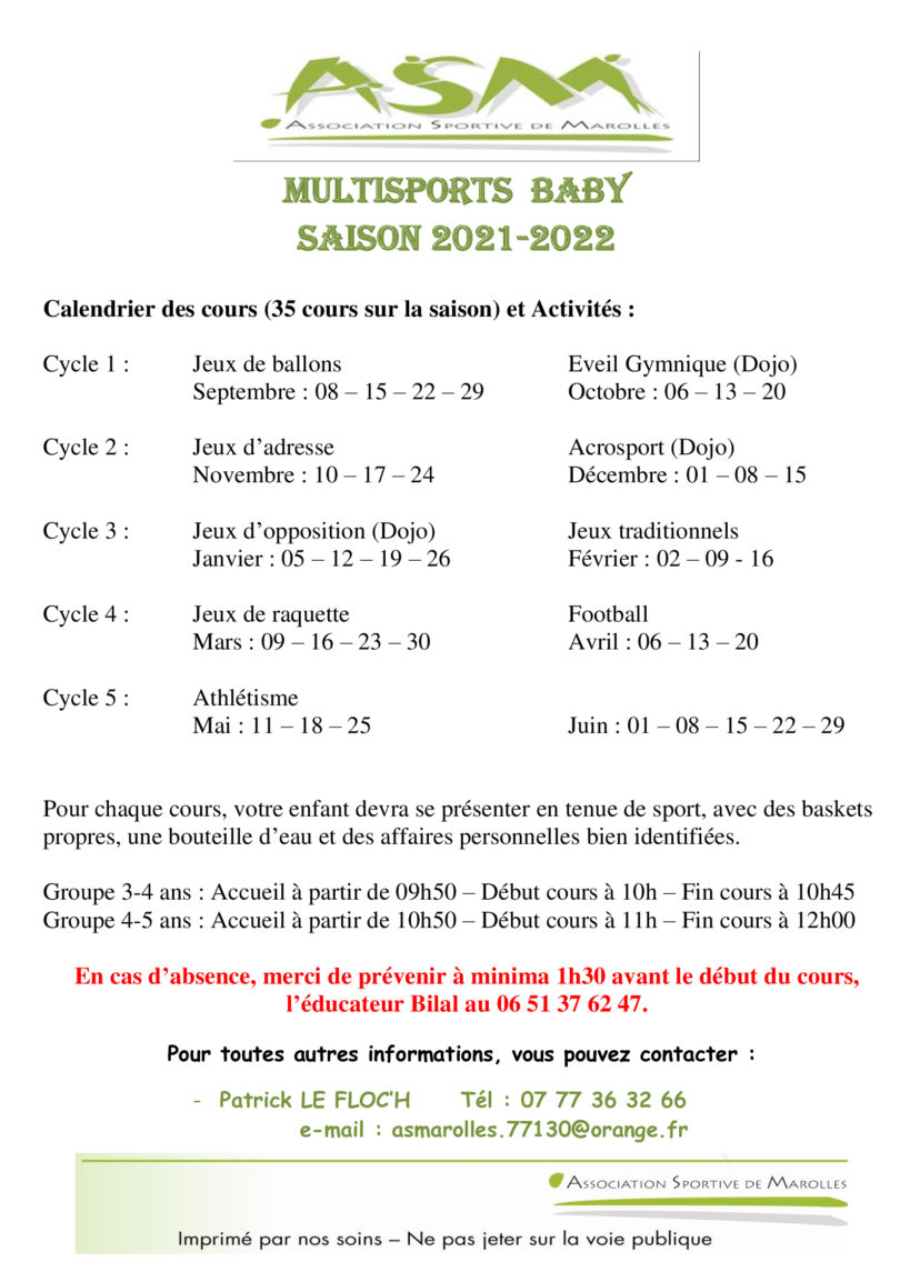 Planning Cours Multisports Baby Marolles Sur Seine