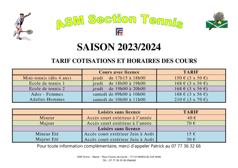 Affiche Horaires Cours Et Tarifs Cotisations Marolles Sur Seine